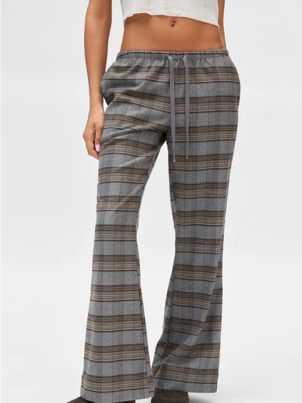 silence + noise Plaid Gray Brown Boot-Cut Drawstring Pants